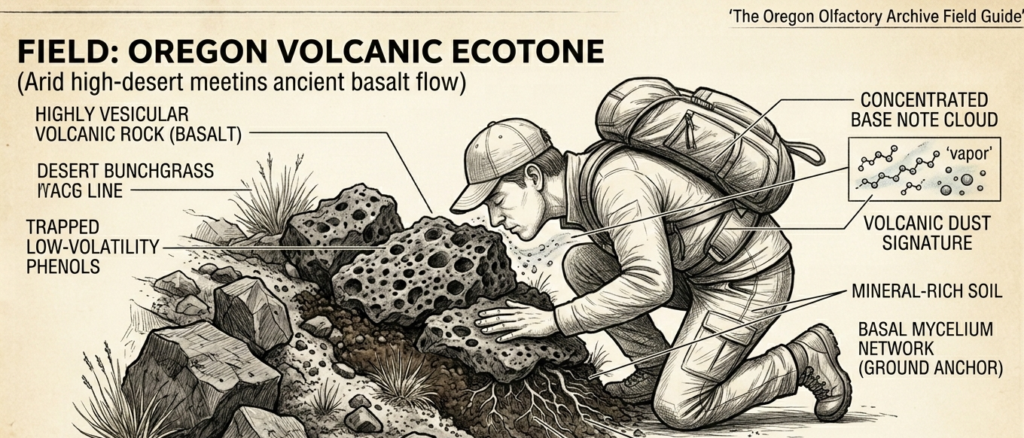The Illustration Highlights: Field Action: The deep kneel, which is necessary because heavy molecules hover near the ground. The Scent-Cloud: A visualization of the Concentrated Base Note Cloud. Ecotone Identification: Dashed lines showing the specific transition zone where Volcanic Basalt meets Desert Bunchgrass. Key Vocabulary: Annotations pointing to the Phenolic Signature (the spicy/mineral smell of the rock) and the Basal Mycelium Network (the ground anchor).