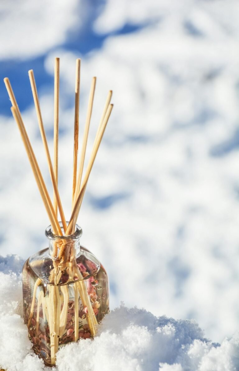 A fragrant glass diffuser bottle with sticks in the snow, emitting an aromatic scent.